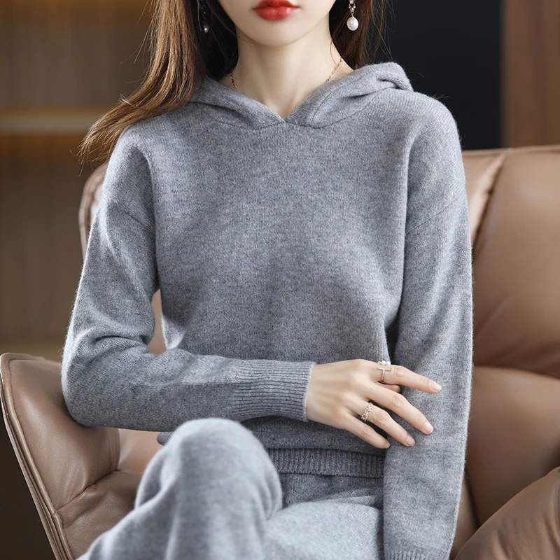 100% pure wool suit ladies hooded collar pullover casual plus size top loose wide-leg pants trousers winter two-piece suit