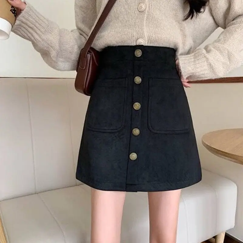 2023 New Spring Autumn Deerskin Velvet Short Skirts Women Clothes High-Waist Ladies Pockets Black Bag Hip A-Line Skirts  aq086