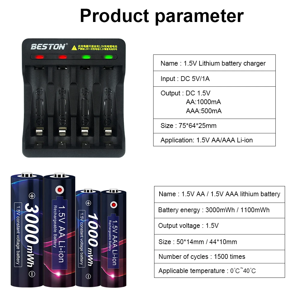 Batería recargable AA de 1,5 V + batería recargable AAA de 1,5 V + cargador inteligente para batería recargable AA AAA de iones de litio de 1,5 v