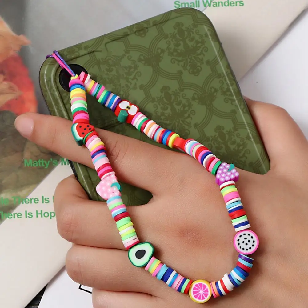 New Fashion Colorful Polymer Clay Fruit Mobile Phone Chains For Women Lanyard Bead Chain Jewelry Cell Phone Case Hanging Cord