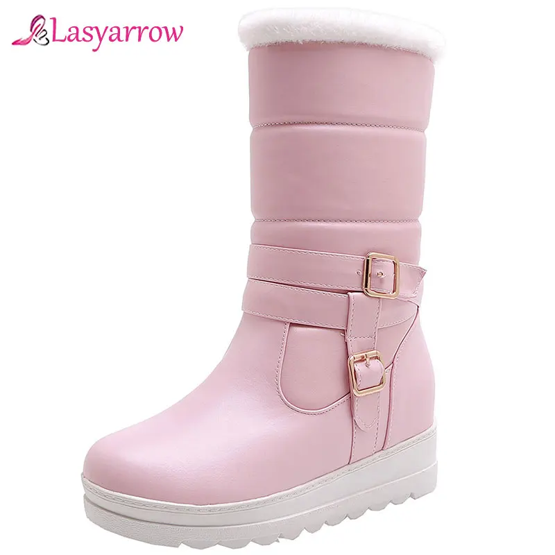 Lasyarrow 2018 Women Boots Plus Size 30-42 Fashion Round Toe Female Wedge Snow Boots Winter Boot Women Shoes Black White Pink