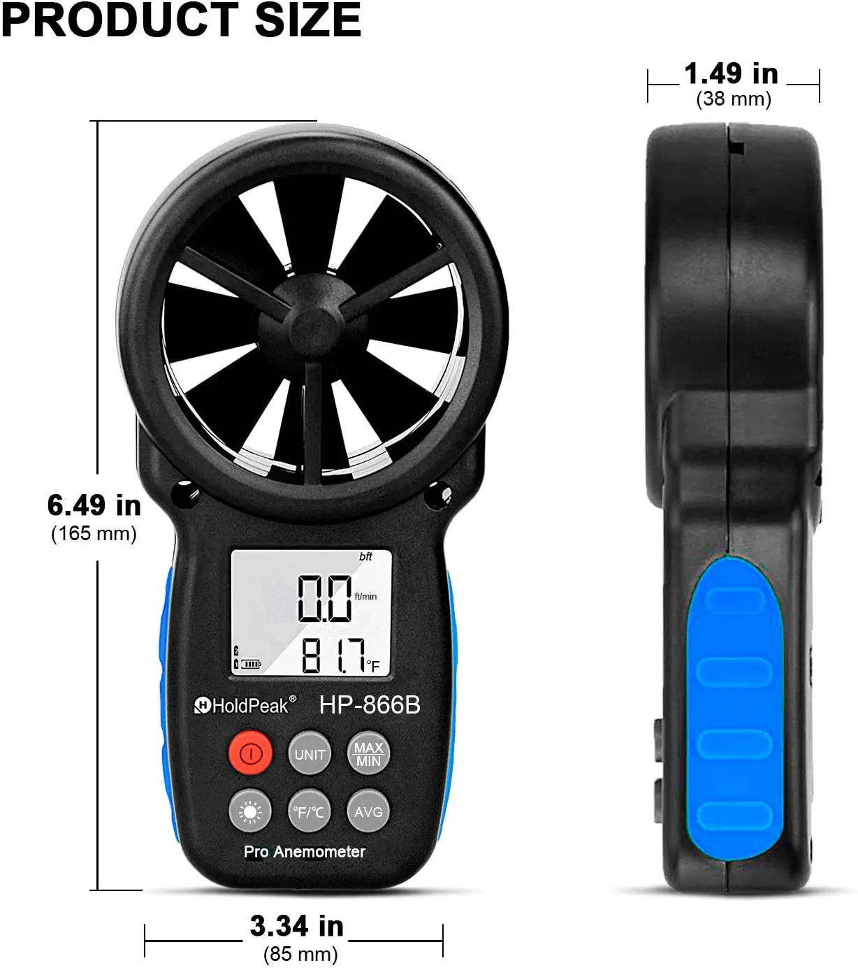 HoldPeak-HP-866B Digital Anemometer, Handheld Wind Speed Meter for Measuring Wind Speed Temperature and Wind Chill Measure Tool