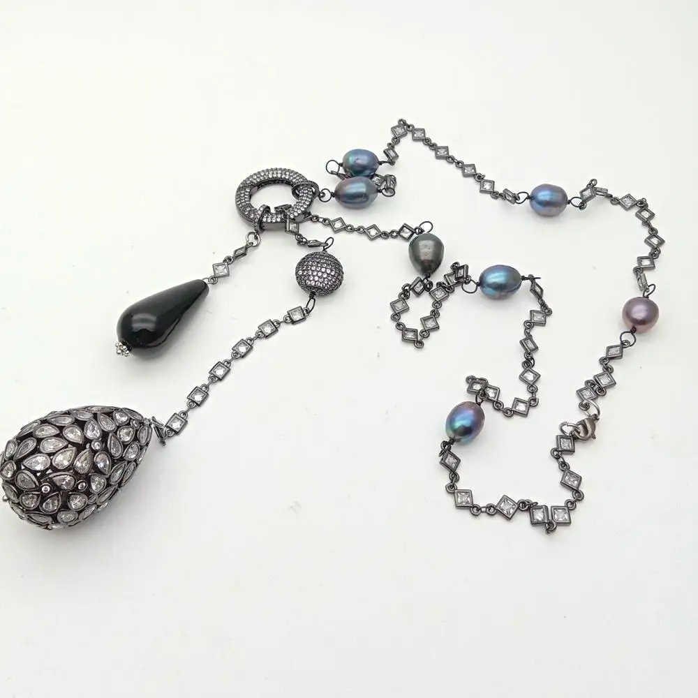 

34'' Black Rice Freshwater Pearl Onyx Cz Pave Chain Long Necklace Cubic Zirconia Micro Pave Teardrop Pendant