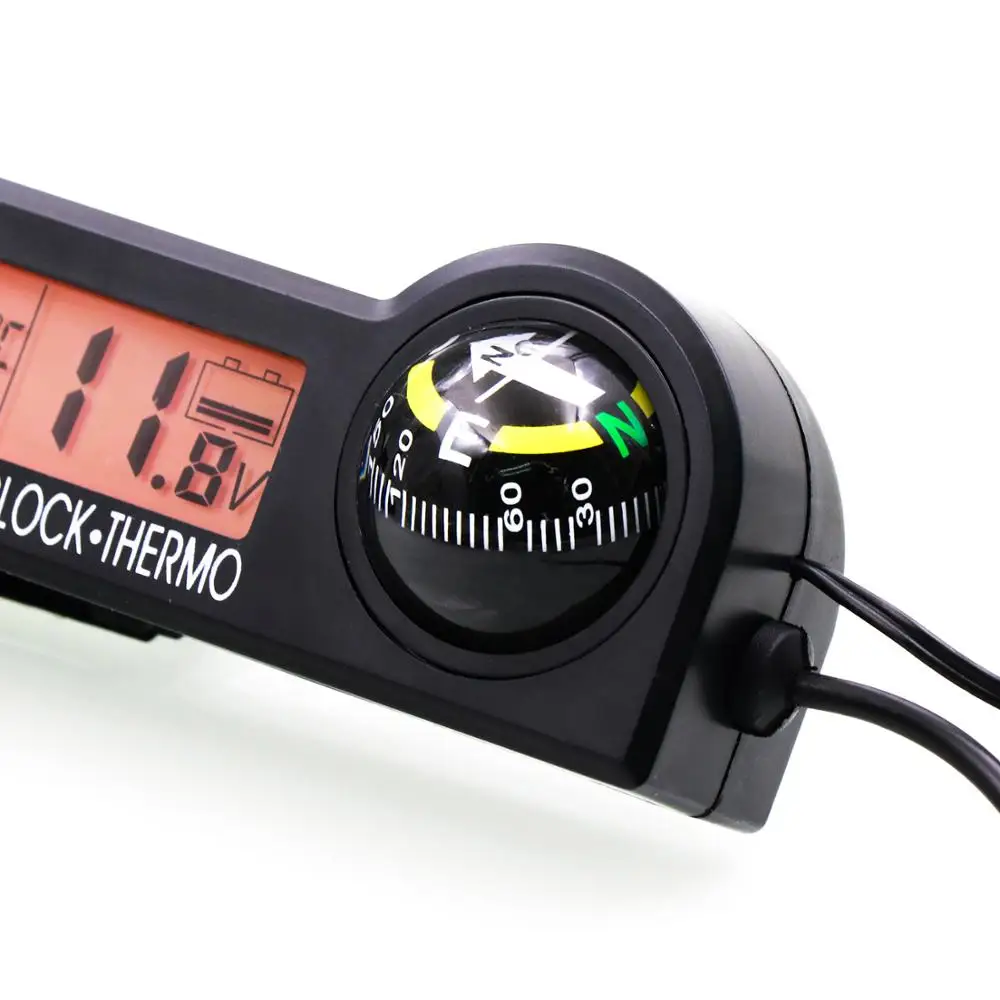 Car Digital Compass Clock Thermometer 12V Voltage Meter LCD Backlight Icing Alarm Temporary Parking Decor