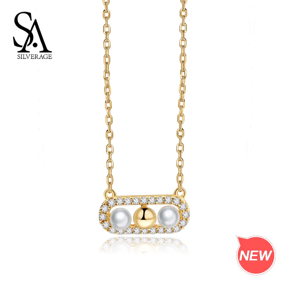 SA SILVERAGE AAA Zirconia Chokers Necklaces For Women Lover 9K Yellow Gold Pendant Necklace for Women Shell Pearl Necklaces