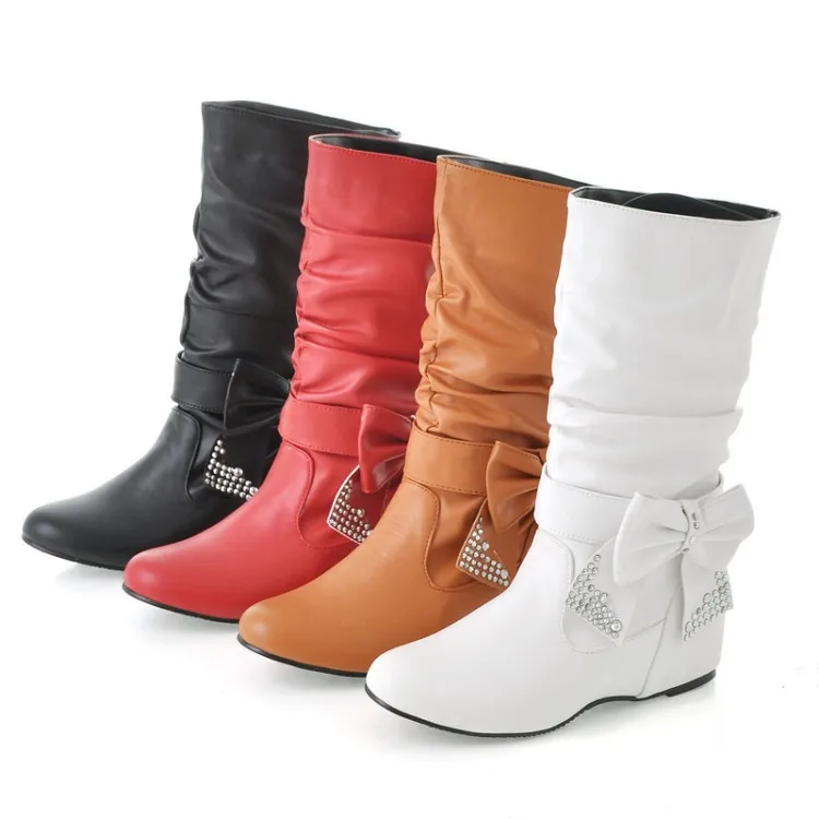 Sexy Fashion Women boots Spring Autumn Bowtie Charms Flats Boots Shoes Woman Mid-calf red black White Shoes Boots Large Size