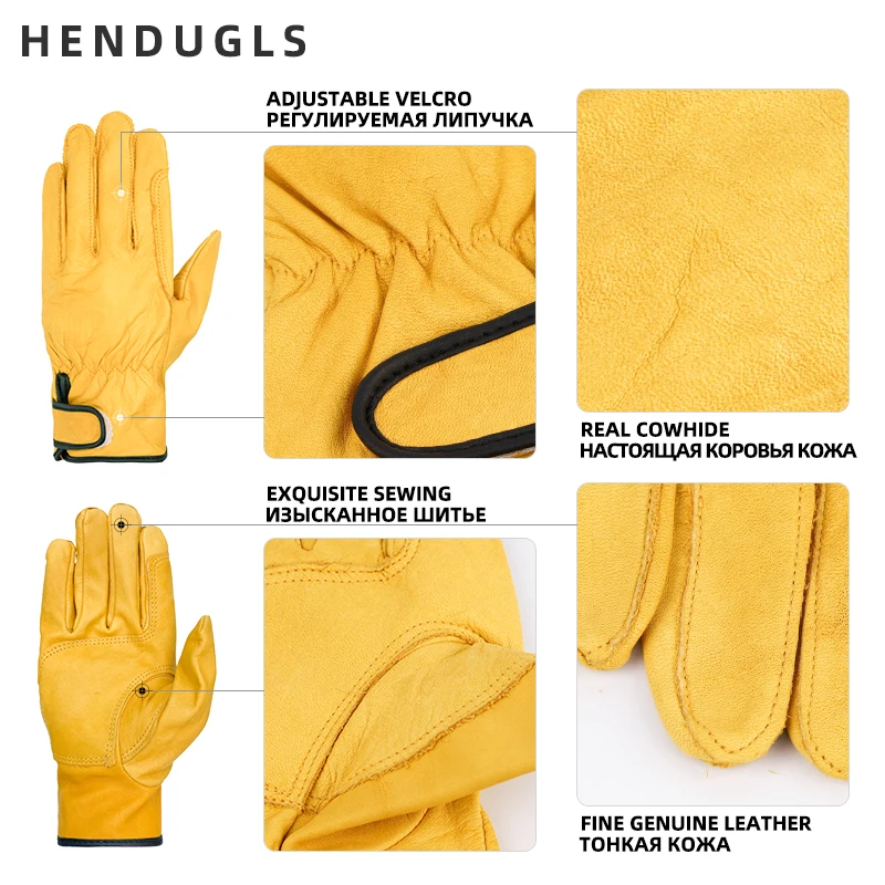 HENDUGLS 1Pair Cowhide Glove Safety Protection A Grade Yellow Wear-resistant Ultrathin Leather Safe Work Gloves Wholesale 527NP