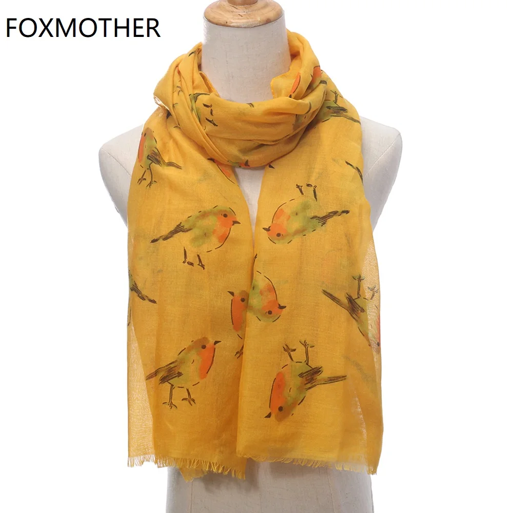 FOXMOTHER New Fashion Ladies Shawl Wraps Yellow Pink Birds Print Scarfs For Women Foulard Femme Gifts