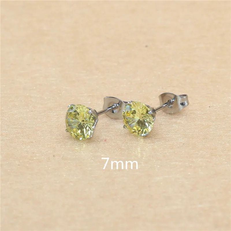 7mm AAA Round Colorful Yellow Zircons Stud Earrings With Stianless Steel Needle Brief Jewelry 20 Colors For Choose No Allergy