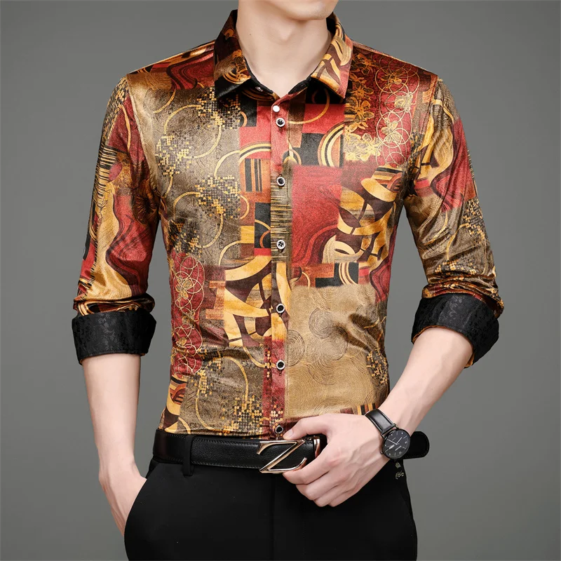 

Retro Luxury Velour Big Size Blouse Gold Stylish Mens Shirts Vintage Shirts With Print Warm Winter Mens Clothing Velvet Dress