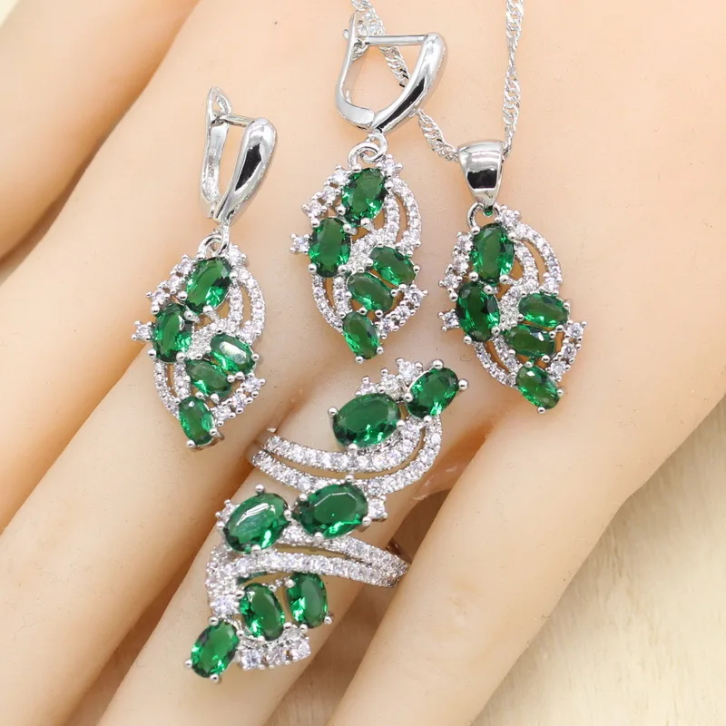 Trendy Green Semi-precious Women Silver 925 Wedding Jewelry Sets with Bracelet Necklace Pendant Earrings Ring Birthday Gift