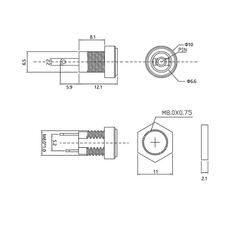 5,5x2,1mm DC Power Männlich Weiblich Buchse Adapter 12V 5,5*2,1mm DC Netzteil Stecker Jack schraube Mutter Panel Mount Stecker 10/5/1 Paar – Detail 1
