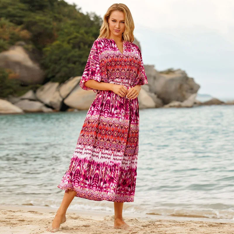 Groovy Women's Maxi Dress Detachable Belt Flare A-Line Sultry Pink Geometric Print Kaftan Free Spirited Voluminous Resortwear