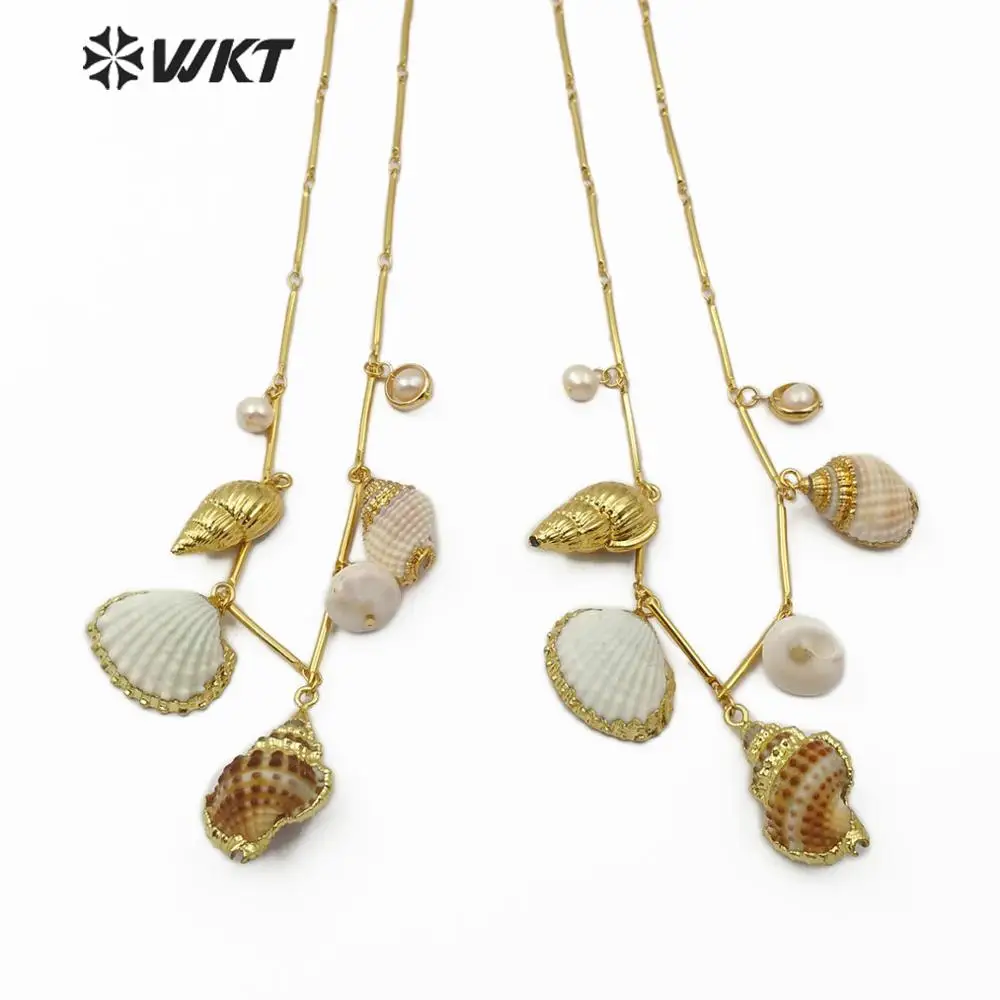 WT-JN098 Shell Theme Natural Trumpet Shell Necklace with Gold Trim Shell and Full Gold Electroplated Trumpet  Pearl Necklace