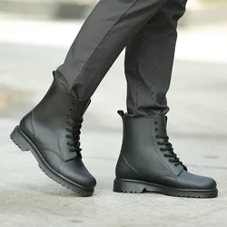 Fashion  Rain Boots Men Round Toe Lace Up Ankle Boots Hard-wearing Rain Shoes for Man Galoshes Waterproof Rubber Booties