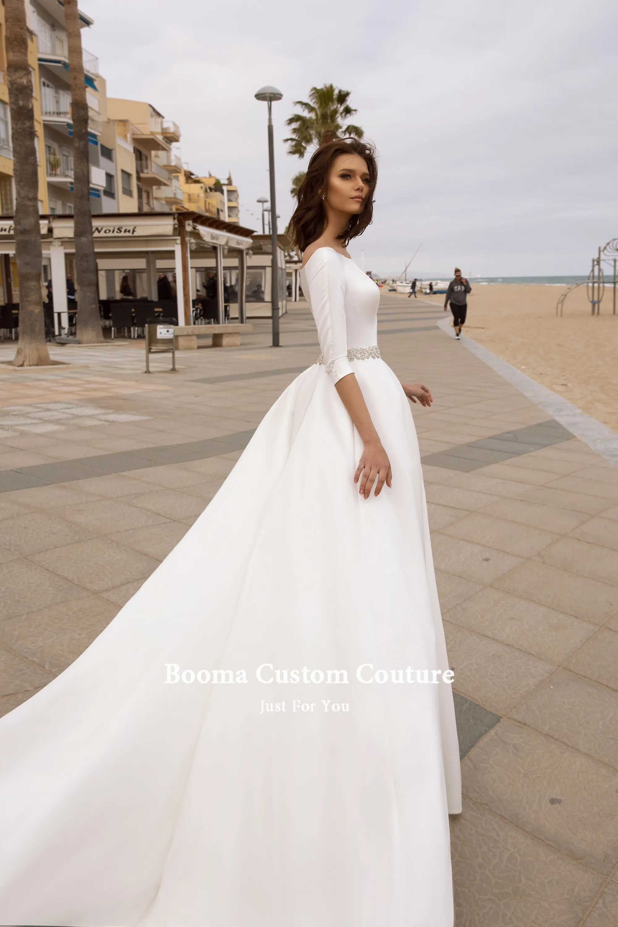 Elegante vestido de novia de satén de marfil, Media manga, con cinturón de cristal, corte en A, talla grande