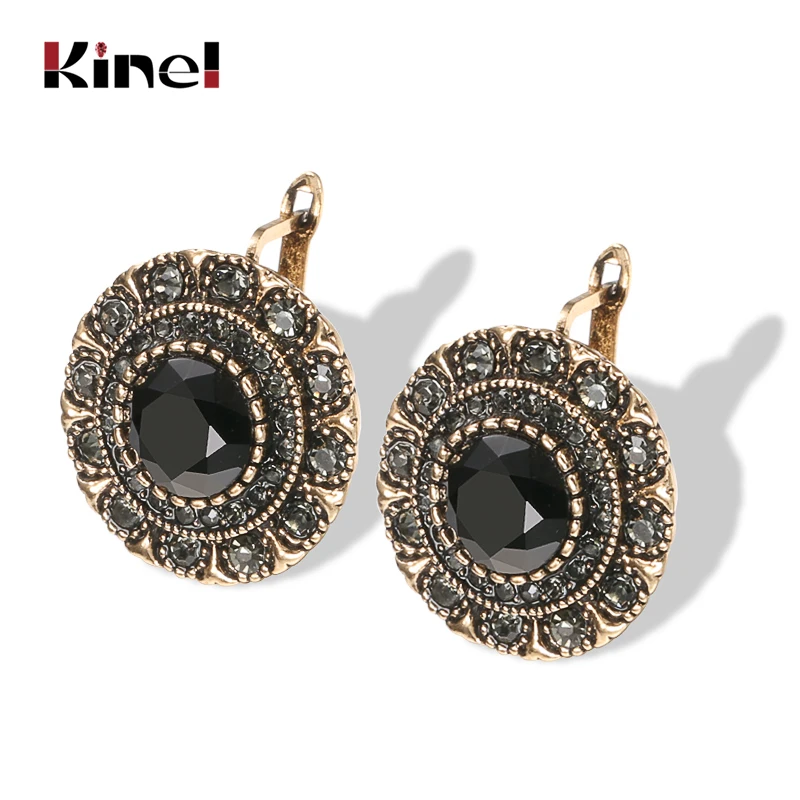 Kinel Hot Boho Gray Crystal Stud Earrings For Women Antique Gold Fashion Black Stone Vintage Earrings Bride Wedding Jewelry