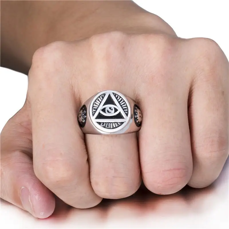Elfasio Mens Stainless Steel Ring Illuminati The All-seeing-eye Illunati Pyramid/eye Masonic Symbol Vintage Jewelry Size 7-15