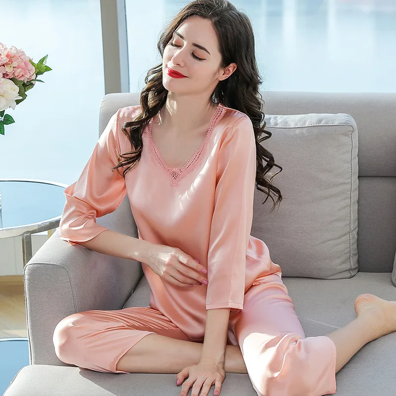 Birdsky, 1SET Women pajamas pijamas pajama set nightwear long sleeve lace sleepwear O neck 100% mulberry silk satin solid, S-294