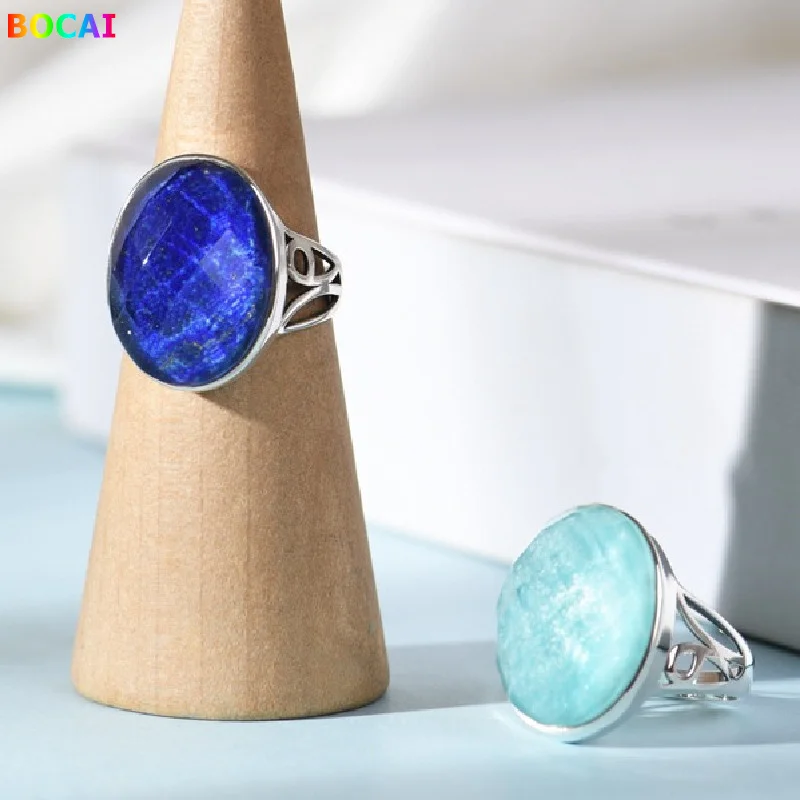 S925 Sterling Silver Rings for Women Simple Tangent Plane Lapis Lazuli Amazonite New Fashion Charms Jewelry Wholesale