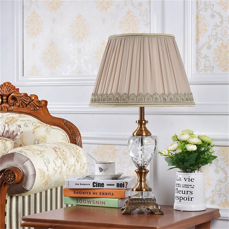 OURFENG Modern Table Lamp Crystal LED Desk Light Fabric Bedside Home Luxury Decorative for Foyer Bedroom Office Hotel