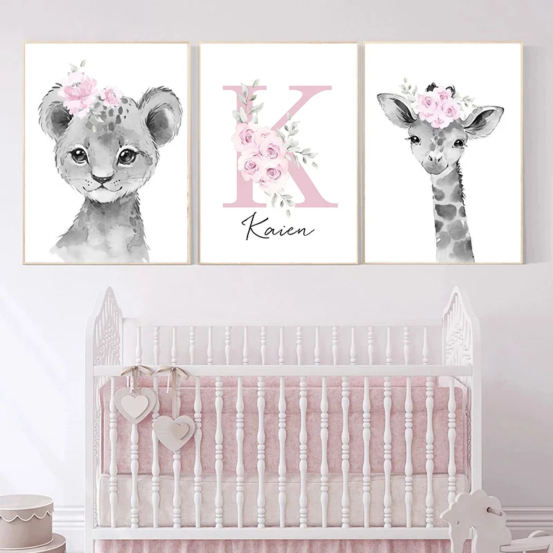 Custom Baby Name Nursery Poster Personalized Canvas Painting Print Pink Flower Animals Wall Art for Girls Bedroom Pictures Decor