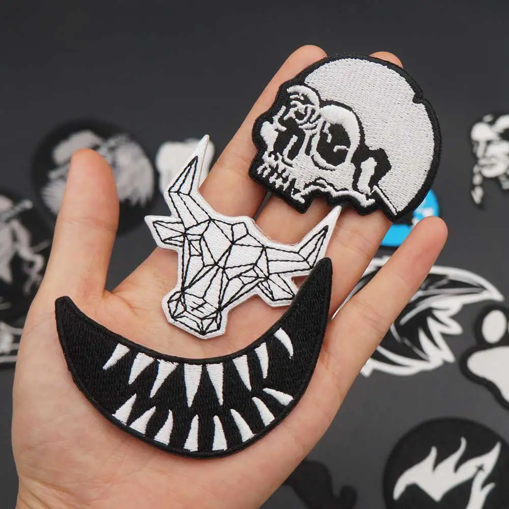 Black and White Small Skull Embroidery Punk Biker Patches Clothes Stickers Apparel Accessories Badge