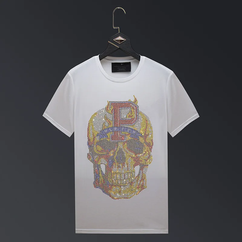 2024 Summer Rhinestones Skull T Shirts Men Fashion Streetwear O Neck Short Sleeve Slim Mercerized Cotton Tshirts Plus Size 6XL