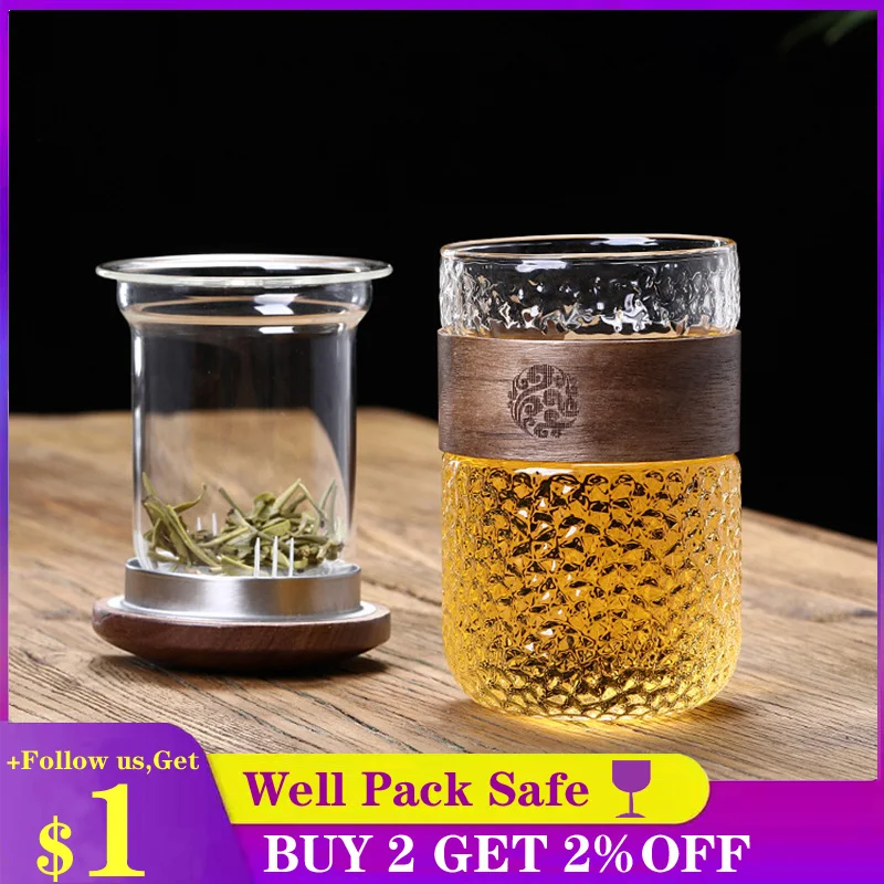 

HMLOVE High Boron Silicon Tea Cup Set Wood Cover Frosted Glass Transparent Water Bottle With Strainers Office Drinkware Ceremony