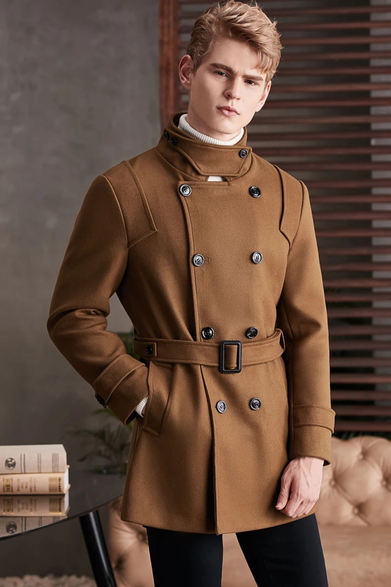 2023 Autumn and Winter Stand-up Collar Woolen Coat For Men Young Man Luxury Camel Wool Coat Europe Male Slim Overcoat