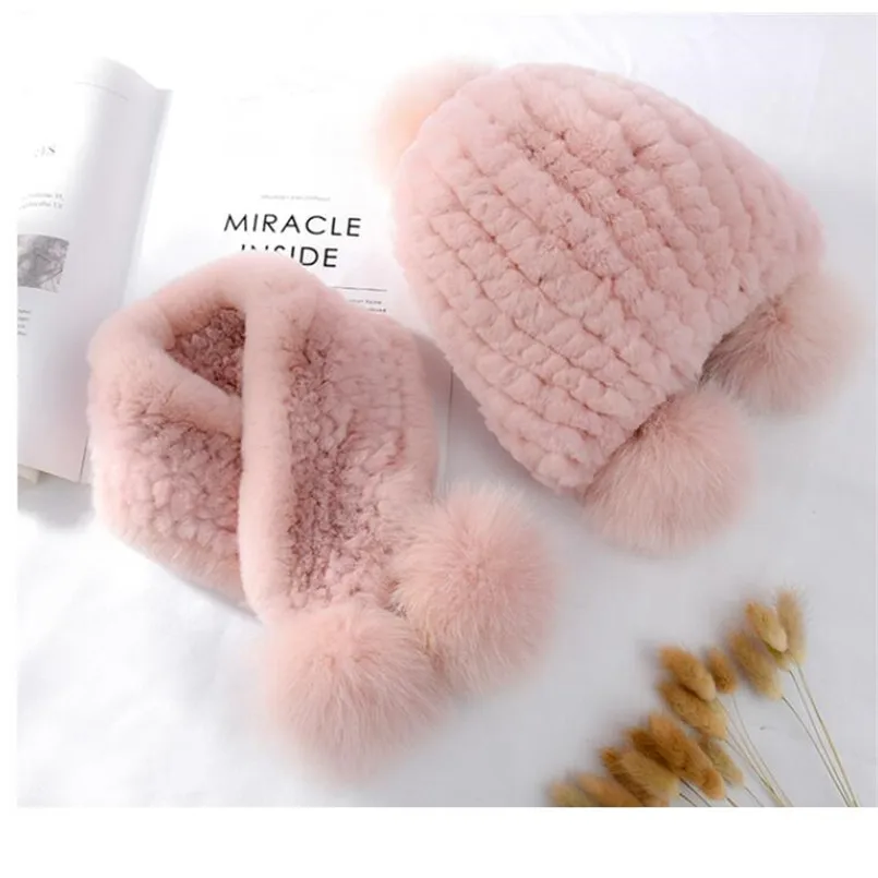 Womens Winter Real Rex Rabbit Fur Scarf & Hat for Kids Children Girls Soft Fluffy Headwear Wraps with Pompom