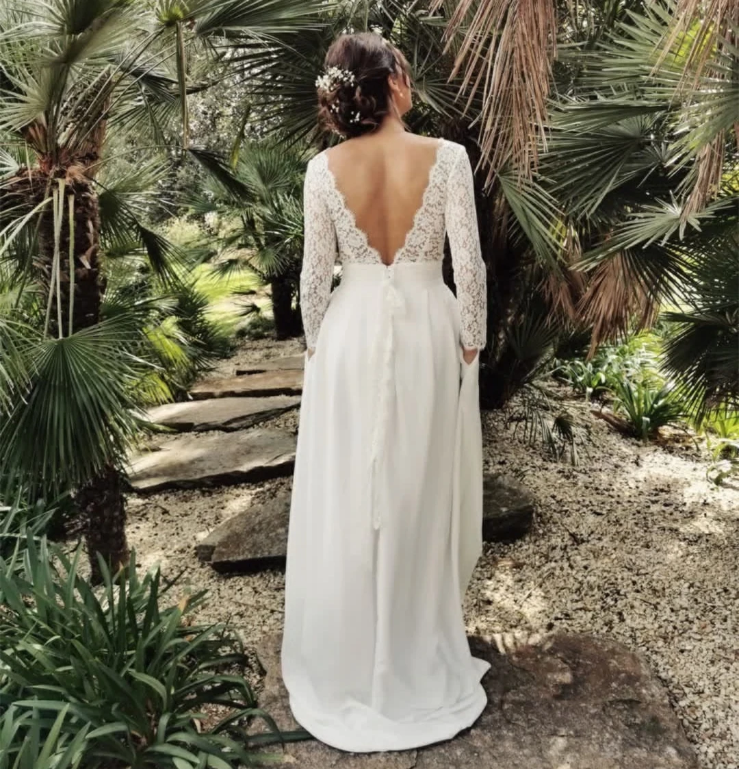 Robe De mariée en mousseline De soie, style Boho, ligne a, col en v, dos nu, manches longues, Simple, dentelle douce, poche, élégante, charmante