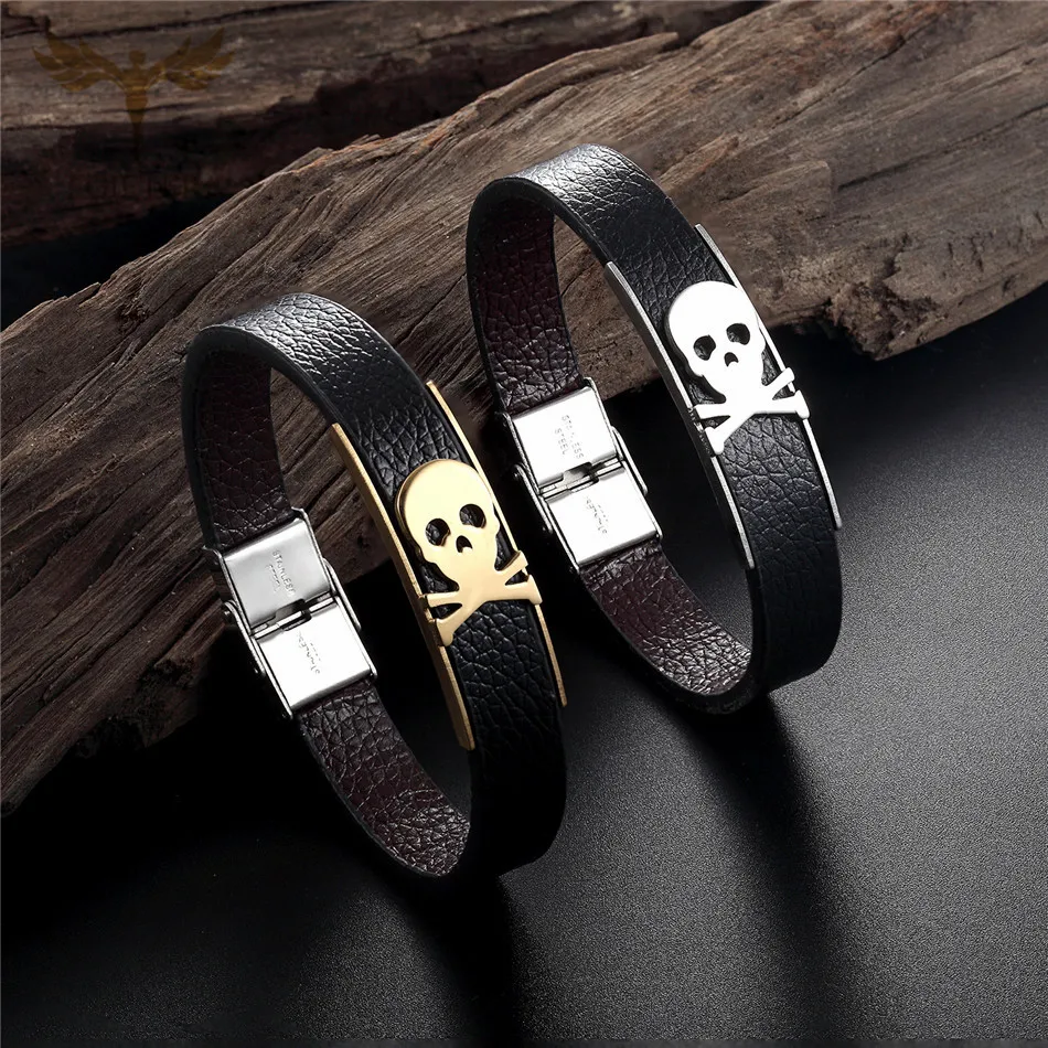 Punk Skull Bracelets for Men Male Leather Bangles Stainless Steel Skull Clasp Black Blet Bracelet Man Jewelry armband heren