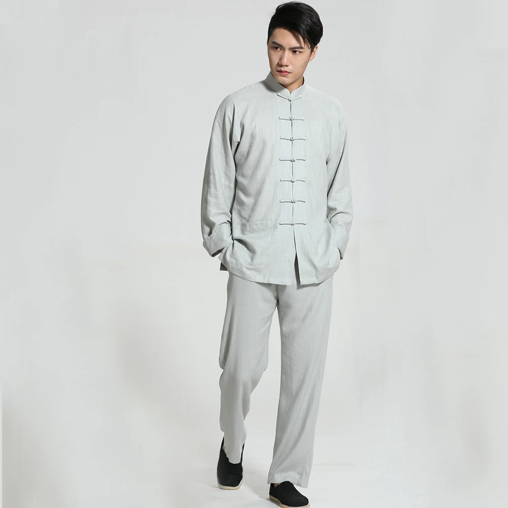 New Arrival Chinese Men's Solid Cotton Linen Kung Fu Suit Long Sleeve Wu Shu Tai Chi Sets Thin Buddhist Clothes S-3XL