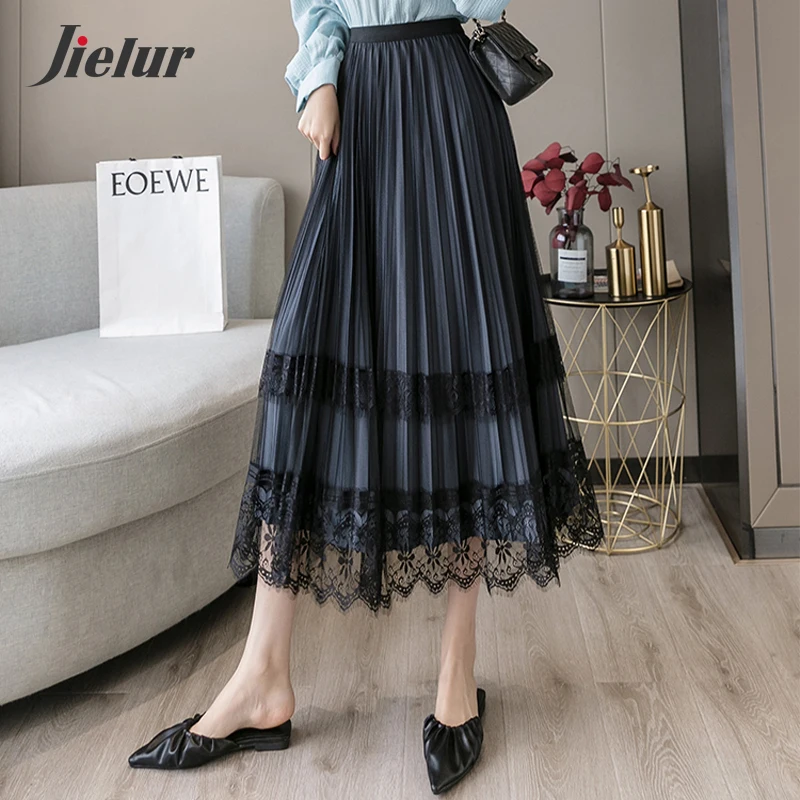 Jielur New Lace Mesh Pleated Skirts Fashion Loose Blue High Waist Skirt Female Both Sides Velvet Long Women's Skirt Winter