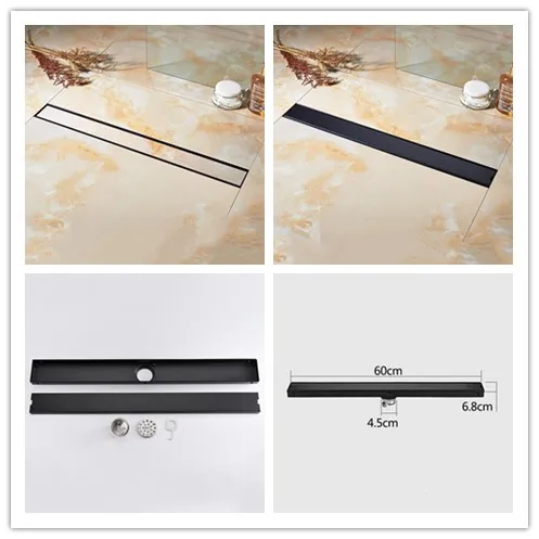 Black 600mm Invisible Aesthetic Floor Drain bathroom Kitchen balcony Stainless Steel two sides ceramic tile Floor Drainer