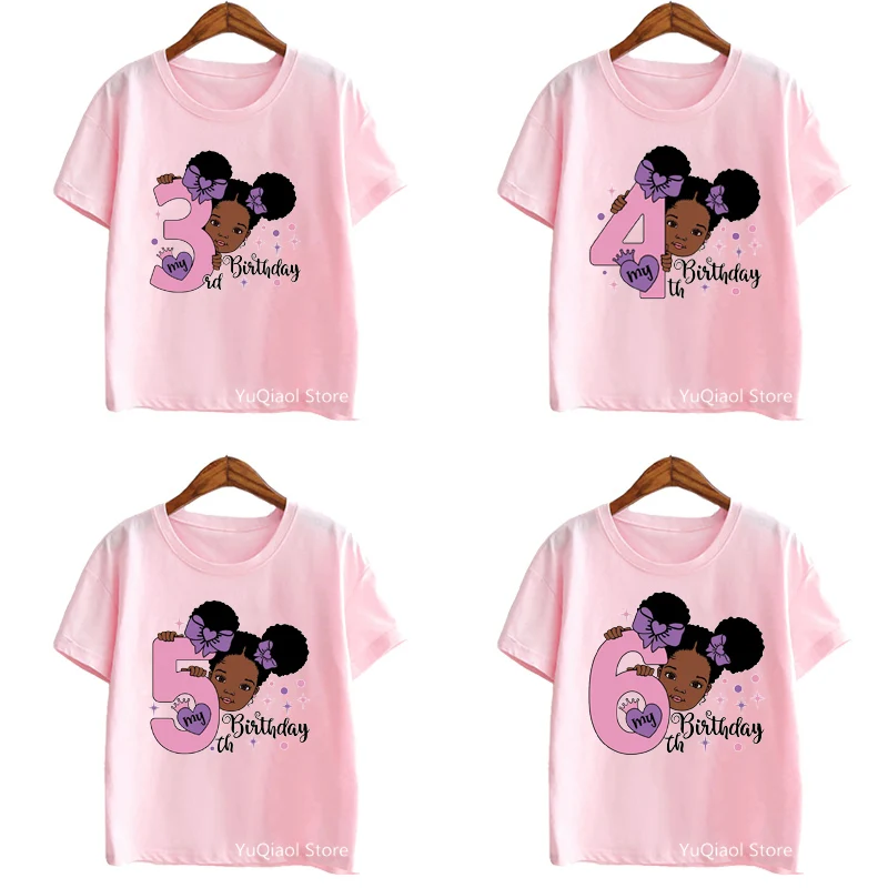 Pink Tshirt For Baby Toddler Girl My 2-7th Birthday Cute Afro Black Princess Print Graphic T Shirts Kids Gift/Present Summer Top