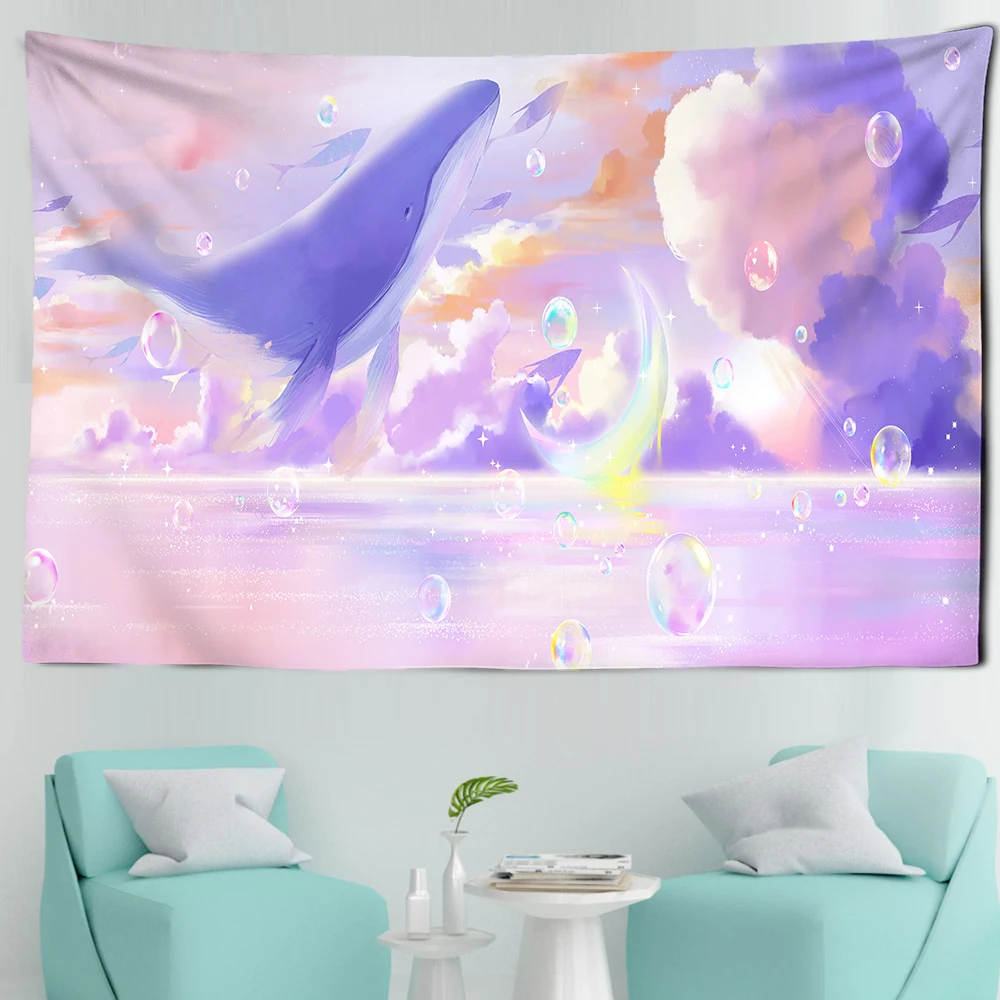 Whale Tapestry Blue Sky Wall Hanging Home Pink Colour Starry Sky Dream Tapestry  Kawaii Room Decor