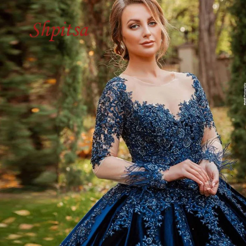 Vestido de baile de encaje de manga larga, quinceañera, Princesa, azul marino, satén, baile de graduación, baile de graduación, dulce, 16 vestidos para 15 años