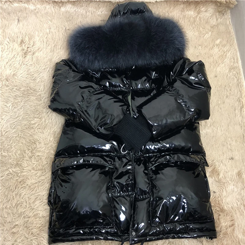 Big Fur Patent Leather Winter Jacket Women Thicken Long Down Parka Hooded Female Duck Down Waterproof Coat