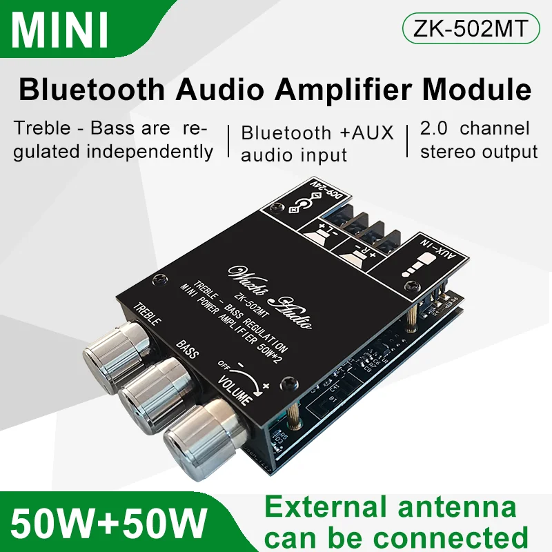 ZK-502MT 2*50W Bluetooth 5.0 Subwoofer Amplifier Board 2.0 Channel High Power Audio Stereo Amplifier Board AUX Bass Treble AMP