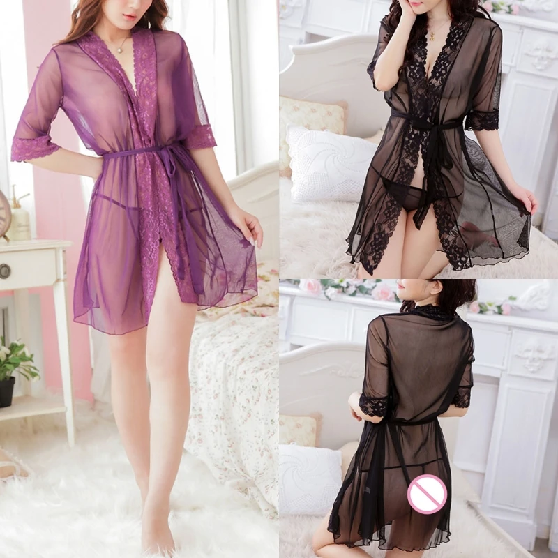 Women Robe Lace Kimono Babydoll Lingerie With Belt Nightwear Sheer Nightgown New Comfortable Kimono Robe with Removable Belt