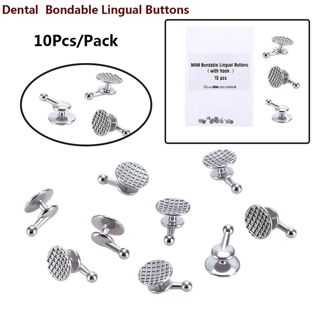 10Pcs Dental Straight Traction Hook Lingual Buttons Ortho MIM Metal Tongue Side Buckle Bondable Round Mesh Base Dentist Material