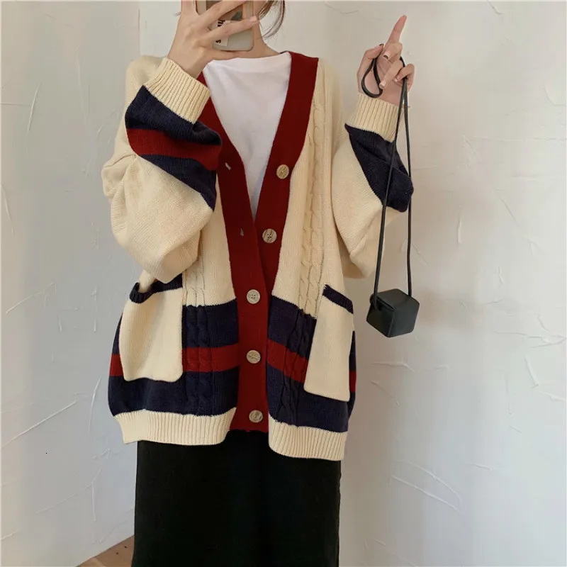 Women Autumn Winter Twist Patchwork Long Sweater Coat Female Long Sleeve V Neck Knitted Cardigan Loose plus size Pocket Outwear