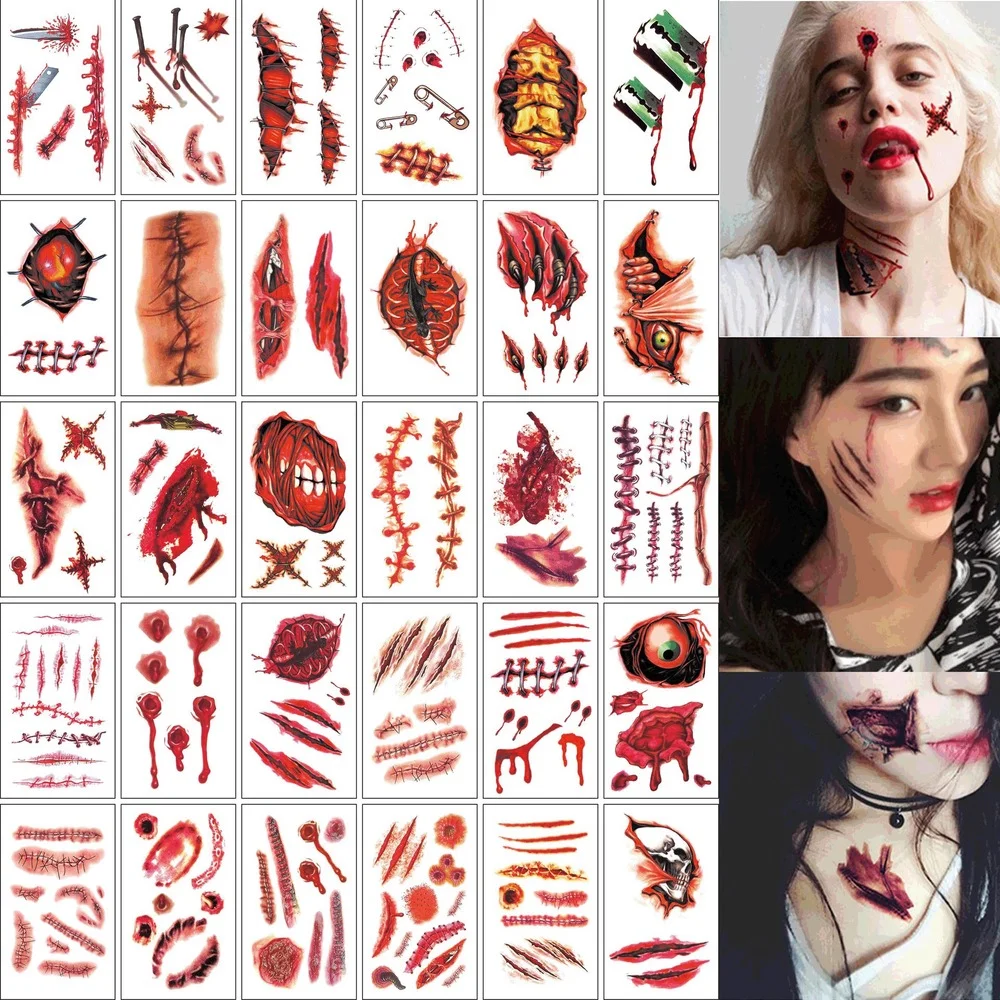 30pcsHalloween tattoo stickers party makeup fake scar stickers knife scar stickers fake wound tattoo stickers face stickers