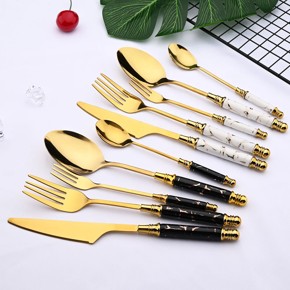 Mirror Ceramic Handle Tableware Set White Gold Flatware Fork Spoon Knife Set Stainless Steel Dinnerware Cutlery Set Dinner Set