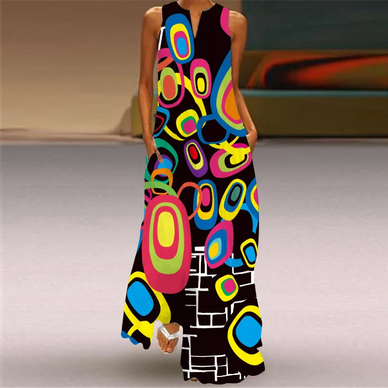 Vintage Print Casual Women\'s Dresses 2022 Summer Sexy V-neck Sleeveless Long Dress with Pocket Robe Maxi Dress Vestidos Largos