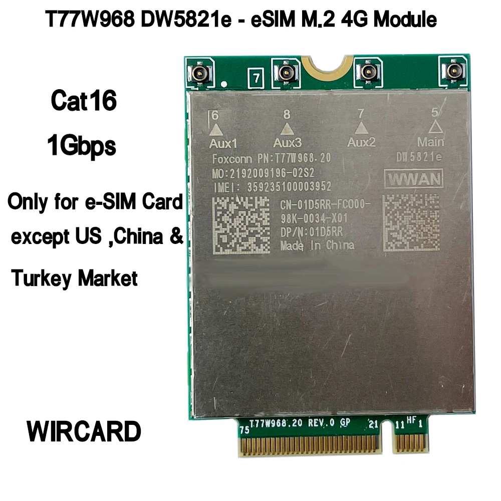 T77W968 DW5821e-eSIM X20 LTE Cat16 1 gb/s FDD-LTE TDD-LTE moduł 4G dla Dell 5420 5424 7424 7400 7210 Laptop