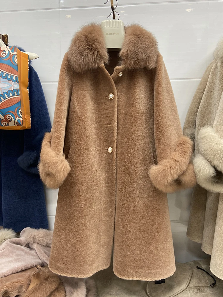 Women Winter Classic 100% Woolen Real Sheep Fur Long Jacket Coat