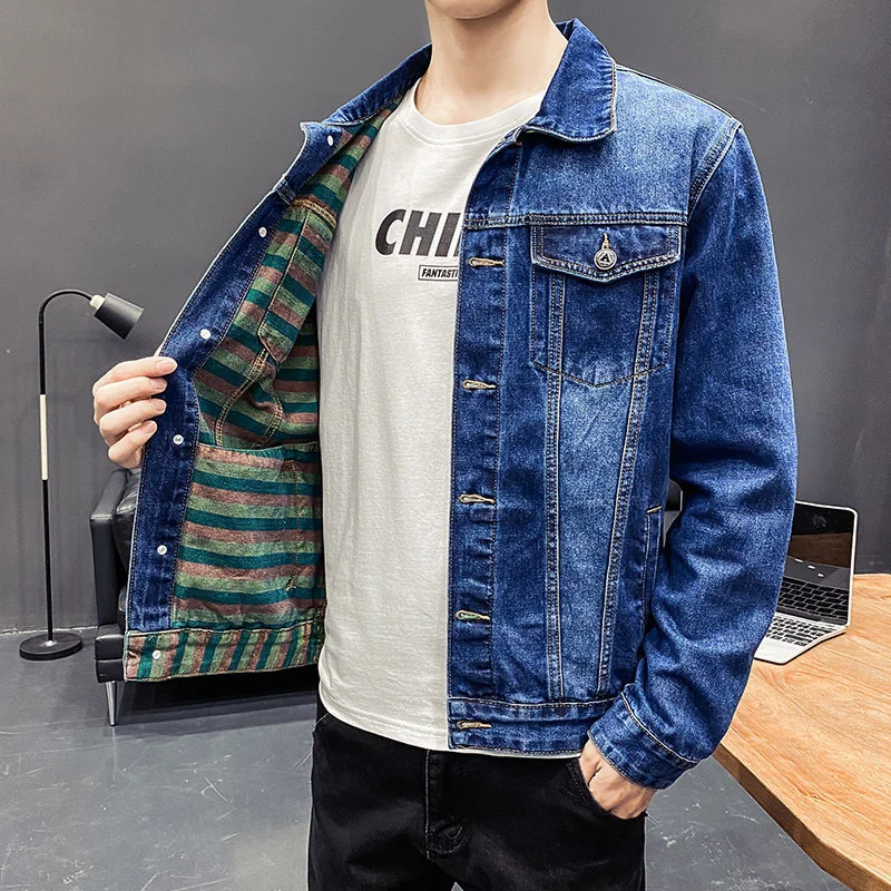 Men‘s Blue Denim Jackets Winter Clothing Simplicity Lapel Solid Color Loose All-match Fashion Streetwear Trend Casual Slim Fit